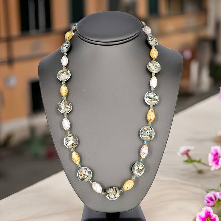 Grey and Gold Murano Glass Necklace with Citrine and Apatite for wholesale by Viktoria Simonë