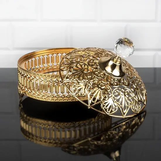 Hakan - Wholesale Decoratief bord/schotel/kom - Vintage snoepschaal met deksel en kristallen knop, 16 cm1