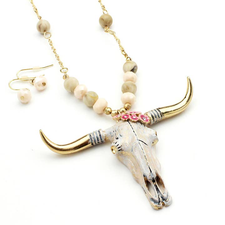 Steer Skull Pendant With Beaded Chain Set - Natural for wholesale by Wyo-Horse Jewelry