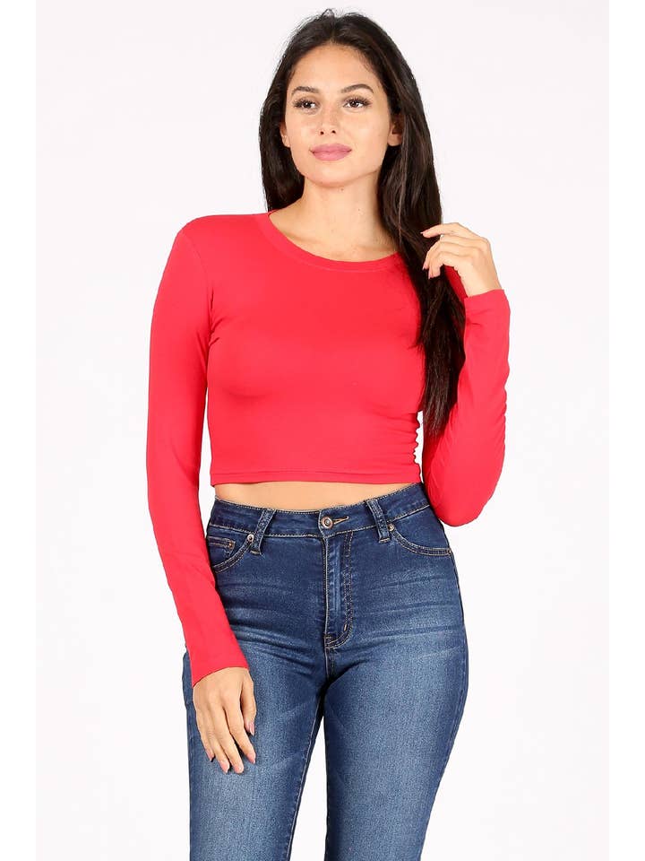 Color 5 - Wholesale T-Shirt - Women's - Solid color cotton spandex cropped long sleeve t shirt22