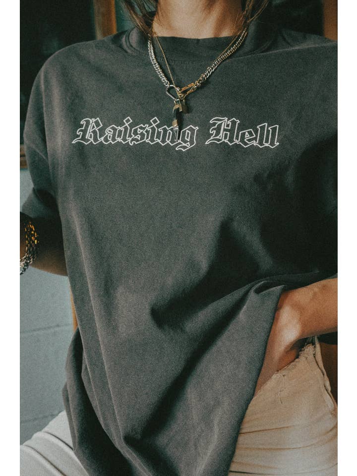 Washed Black Raising Hell Tee for wholesale on Faire2