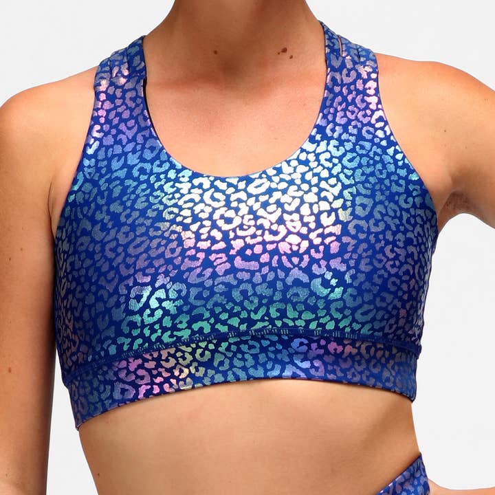 Blue Foil Leopard Cross Back Bra for wholesale by Tikiboo