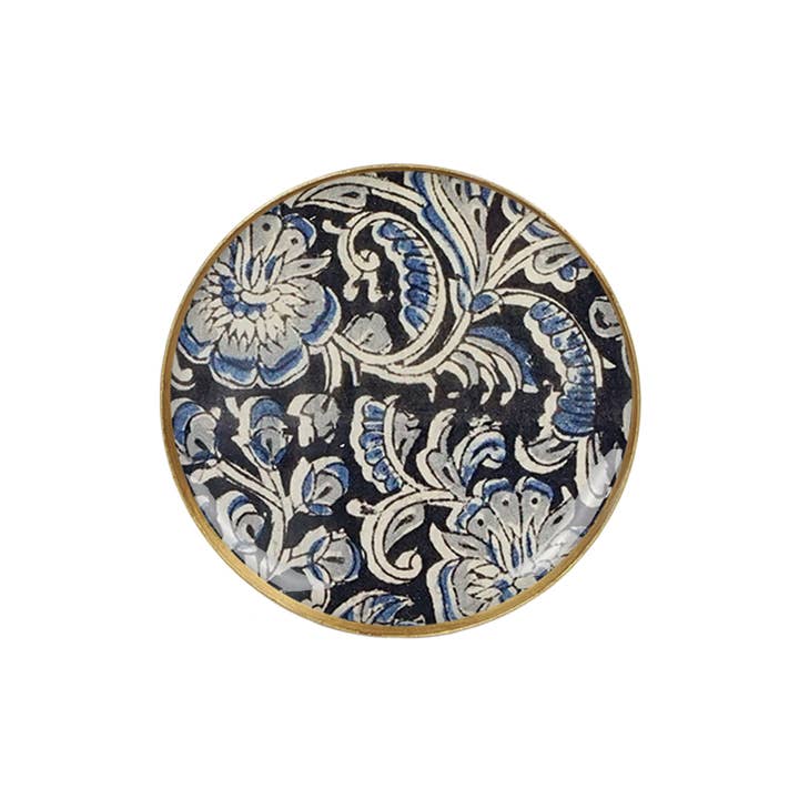 Maison Lilo - Vente Plateaux décoratifs - Petit plateau rond métal émaillé Kalamkari, bordure dorée2