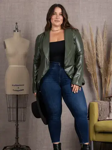 OLIVEN OLIVEN REVERS PU LÆDER PLUS STØRRELSE BLAZERJAKKE SJ1206 for engroshandel på Faire3