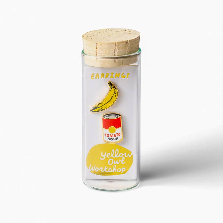 Yellow Owl Workshop - Wholesale Stud/Post Earrings - Pop Art Banana and Soup Earrings - Gold Museum Artsy Studs1