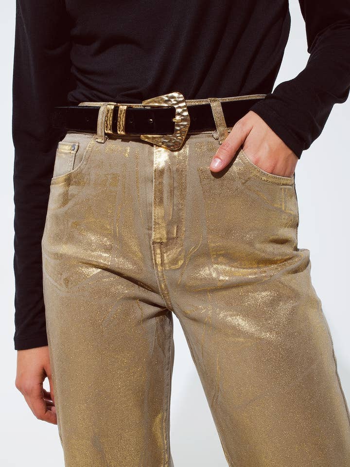 Beige Guld metallic straight leg jeans for engroshandel på Faire1