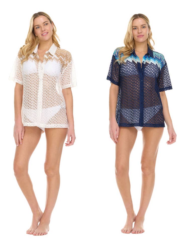 Crochet Boarder Camp Shirt for wholesale by Aruba Blue