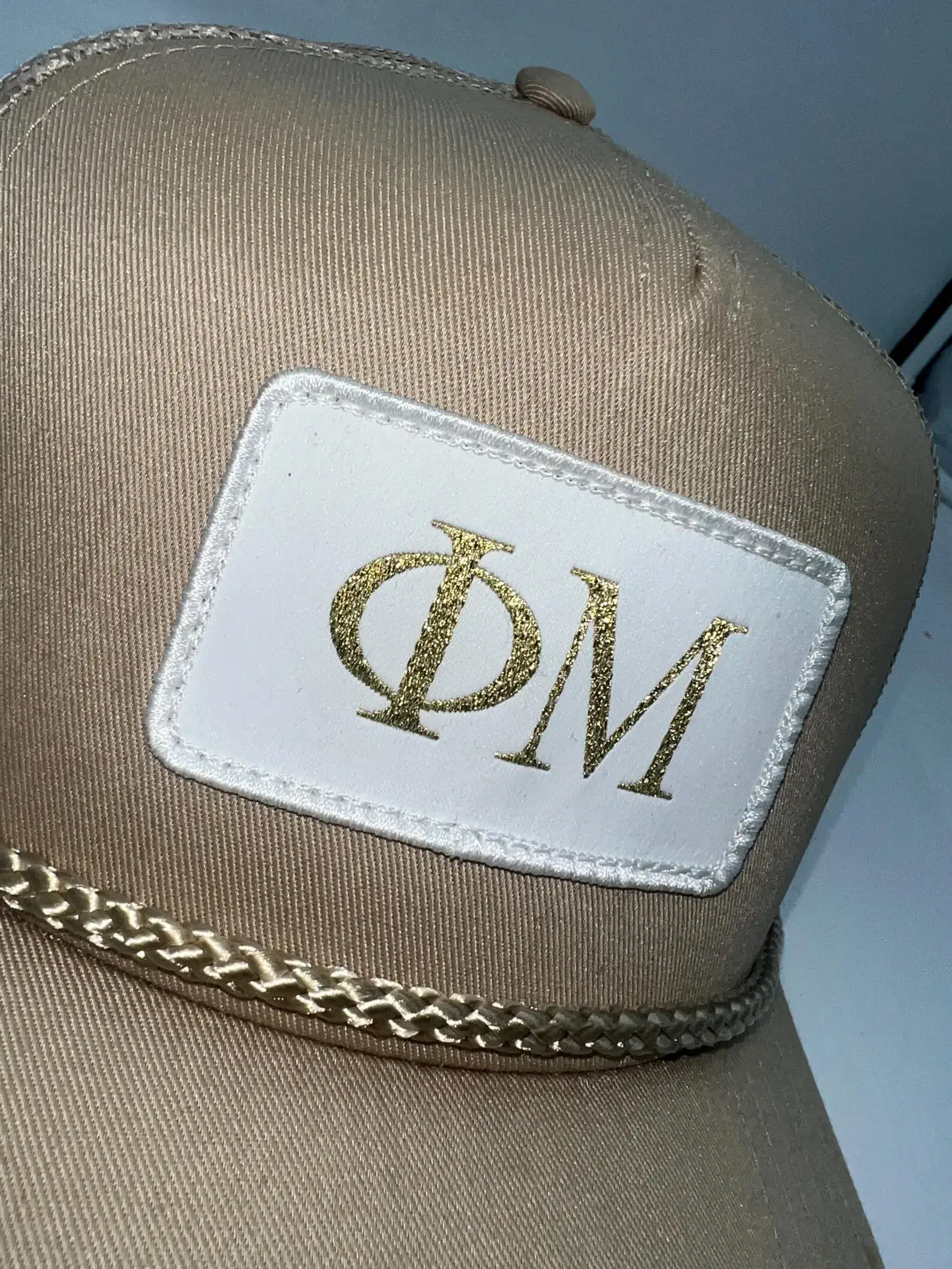 Rachel Brooks Design, LLC - Wholesale Trucker Hat - Women's - Tan Sorority Metallic Gold Patch Trucker Hat2