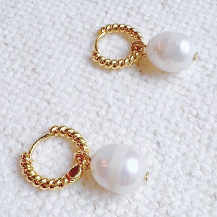Cabled Huggie Natural Pearl Hoop Earrings for wholesale by Ellison+Young