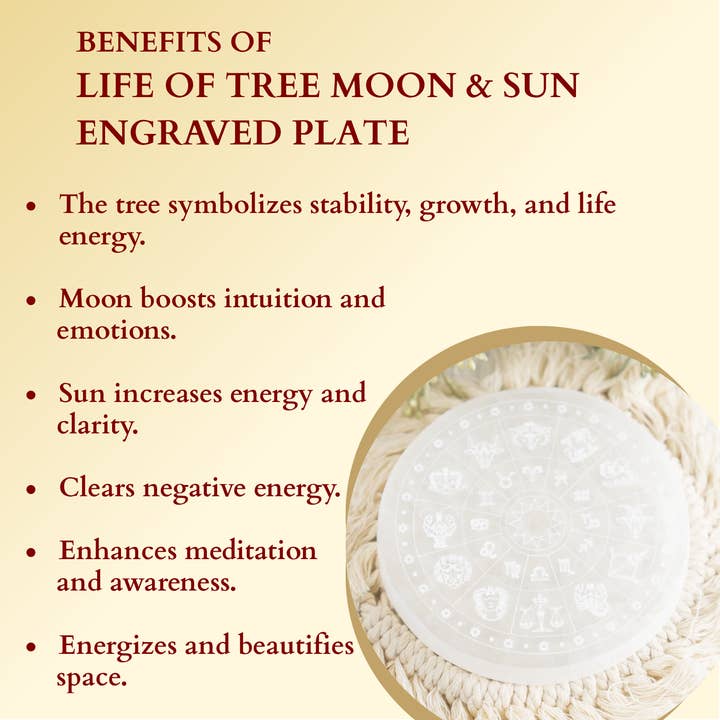 Soothing Crystals - Wholesale Crystal Charging Plate - 4" Selenite Plate | Tree of Life Moon & Sun Selenite Plate5