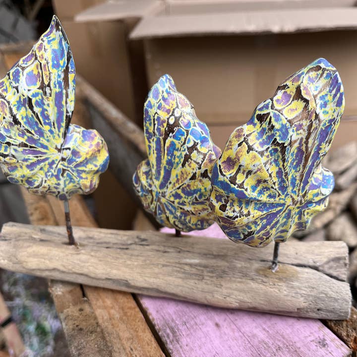 Batik Indah - Vente Décorations de table - Coquilles en bois sculpté et peint sur socle en bois flotté.