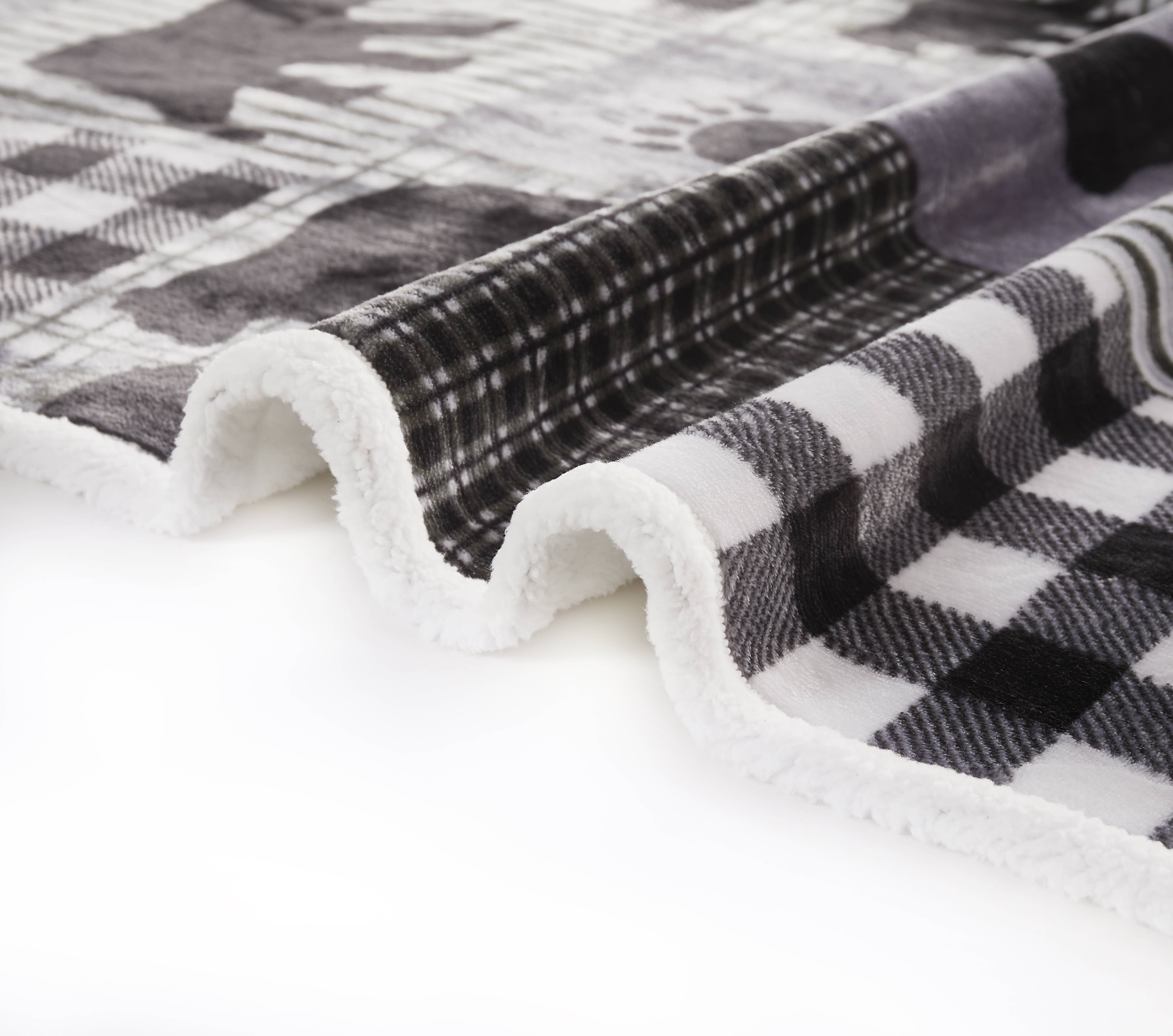 Duke Imports - Wholesale Throw Blanket - "Black Bear Plaid Gray" Flannel Sherpa Throw Blanket 50"x60"3