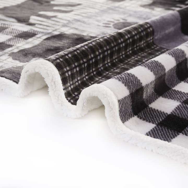 Duke Imports - Wholesale Throw Blanket - "Black Bear Plaid Gray" Flannel Sherpa Throw Blanket 50"x60"3