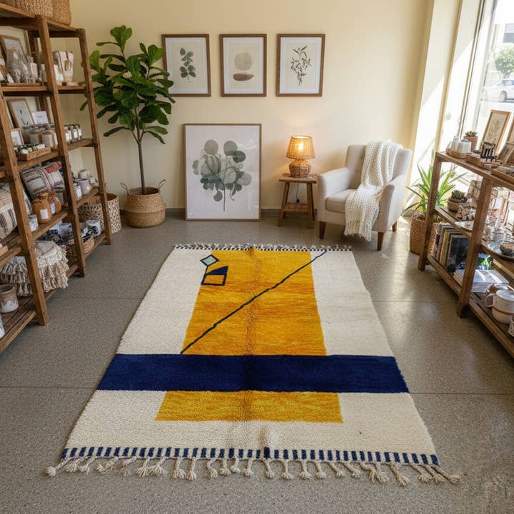 Tapete Marroquino – Carpete Minimalista Boho de Lã AMARELO & AZUL por atacado de woolsouk ( We handle U.S. import procedures for you )