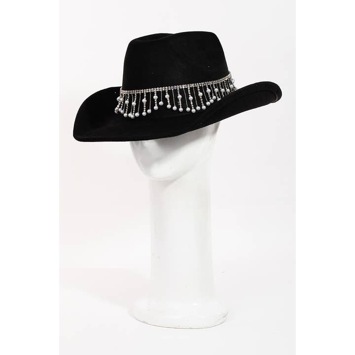 Collections by Fame Accessories - Wholesale Cowboy Hat - Women's - Rhinestone And Pearly Fringe Band Western Cowboy Hat
