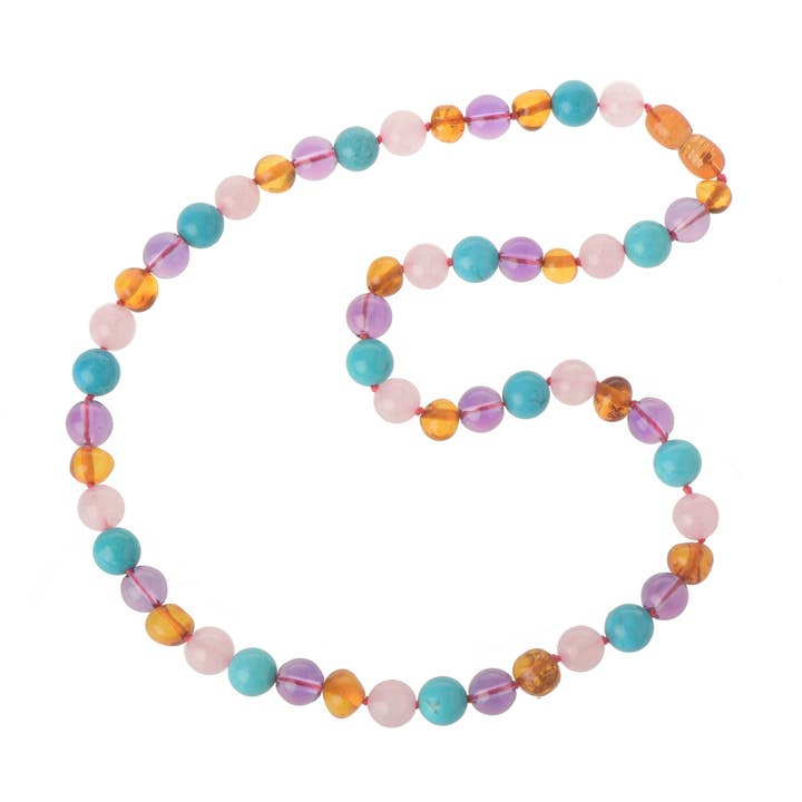 Polished Cognac Baltic Amber Necklace with Gemstones for wholesale by The Natural Amber