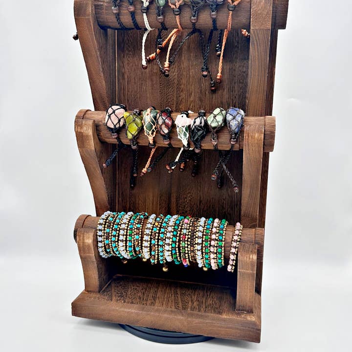 Macramé and gemstone bracelet and keychain set with display for wholesale by Atlas Goods By Your Needs Company