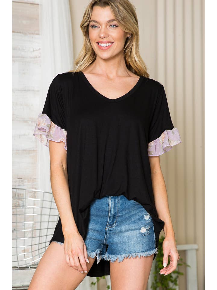 Orange Farm Clothing - Vendita all'ingrosso Tunica - Donna - Manica con volant e scollo a V a contrasto -2 colori