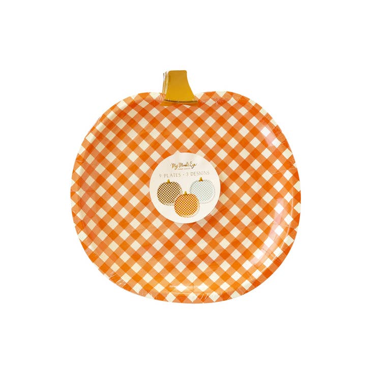 My Mind’s Eye - Wholesale Disposable Plate - THP1043 - Harvest Gingham Pumpkin Shaped Paper Plate Set1