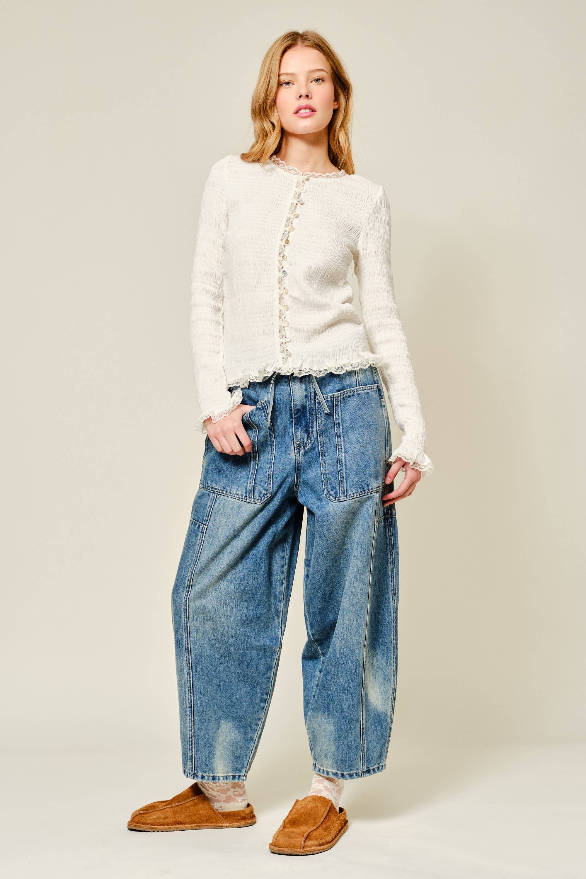 Aaron & Amber - Wholesale Knit Top - Women's - AJT5485 FULL SMOCKED BUTTON DOWN TOP WITH LACE EDGE6