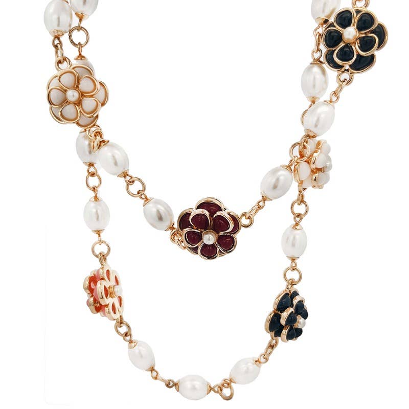 AMORINO SRL - Wholesale Beaded/Pearl Necklace - LONG NECKLACE WITH PEARLS AND FLOWERS - S8980A2