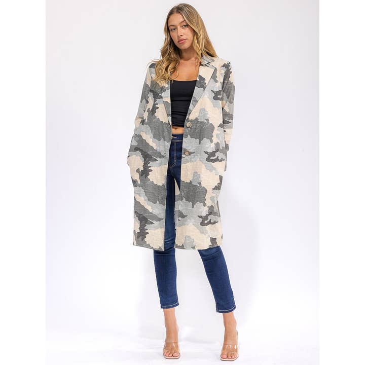 LONG SLEEVE BUTTON CLOSURE FRONT POCKETS CAMO PRINT COAT for wholesale by IWT Brands
