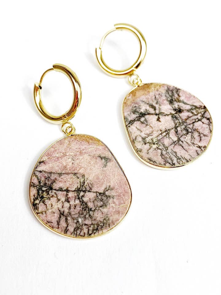 Rhodonite Slice Gold Huggie Hoop Earrings for wholesale by Black Lamb Design