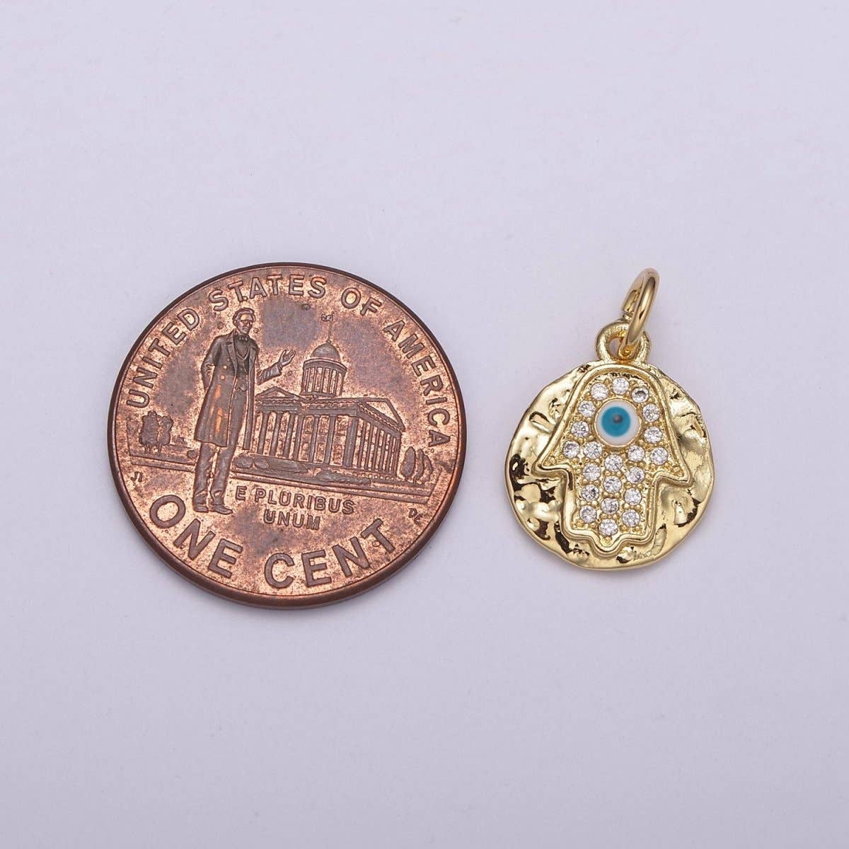 Aim Eternal – wholesale Individual charm/pendant – 24K Gold Filled Dainty Micro Paved CZ Hamsa Hand of Fatima Rustic Coin Charm N-2382