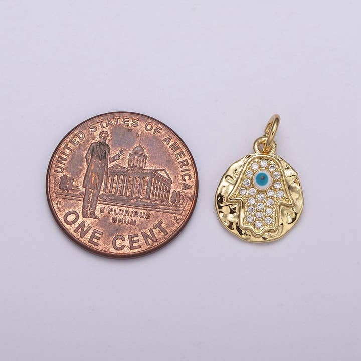 Aim Eternal - Wholesale Individual Charm/Pendant - 24K Gold Filled Dainty Micro Paved CZ Hamsa Hand of Fatima Rustic Coin Charm N-2382
