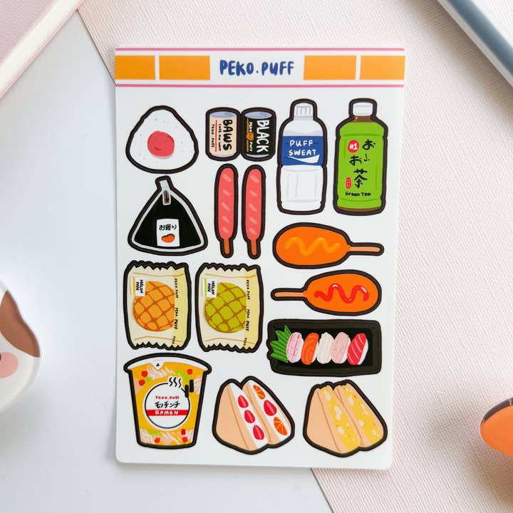 Japanese Convenience Store Konbini Snacks Sticker Sheet for wholesale by PekoPuff