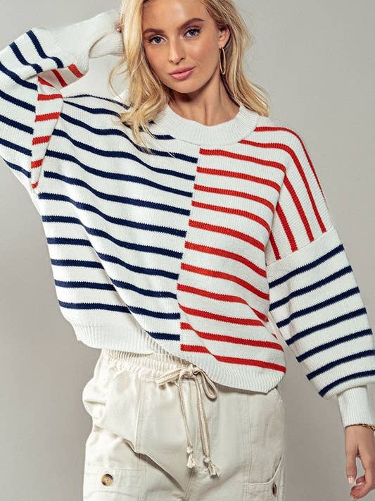 IVORY MULTI Striped Blocked Drop Shoulder Knit Sweater for wholesale on Faire