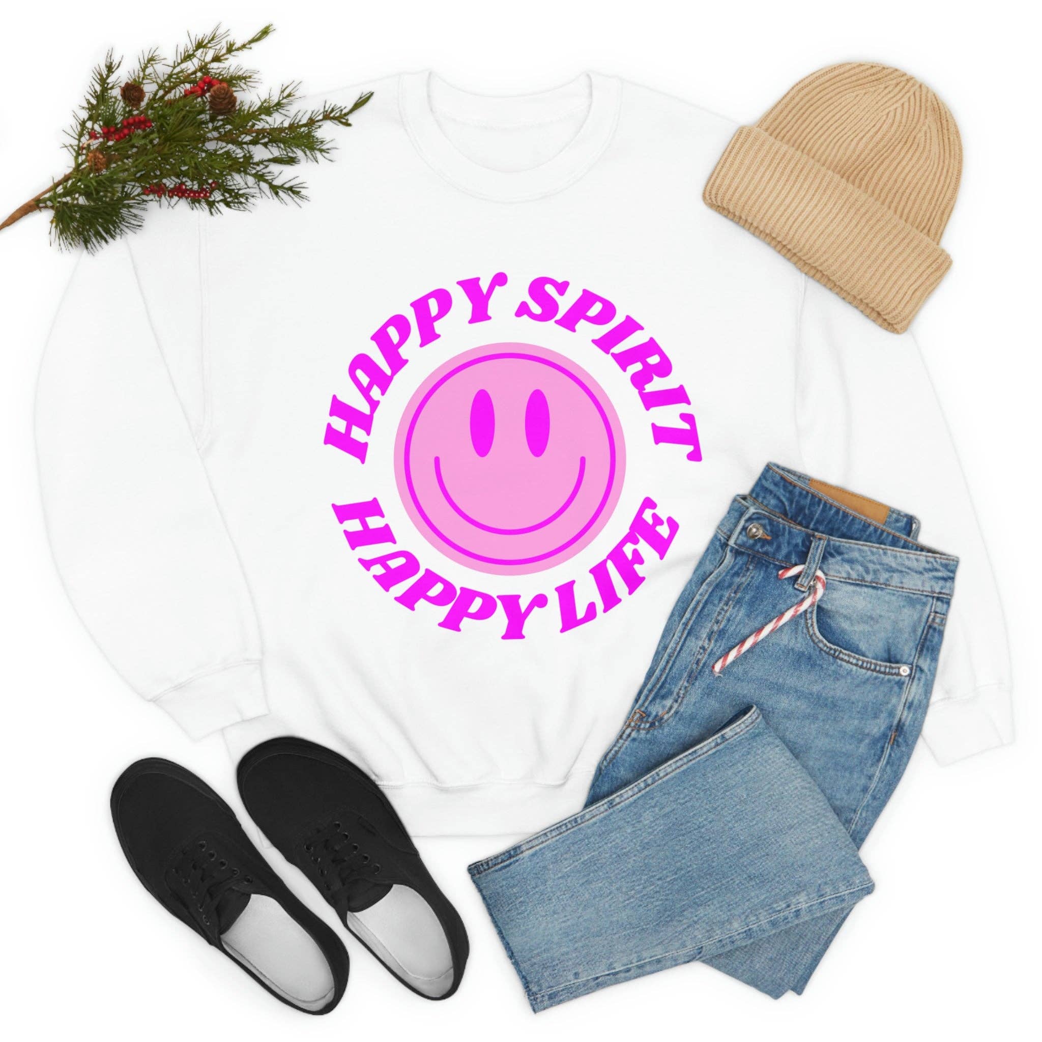 Happy Life Stuff - Wholesale Graphic Sweatshirt - Women's - Happy Spirit Happy Life Sweatshirt, VSCO Girl Crewneck, Oversized Retro Font Graphic Tumblr, Front Print Smile Face Trendy Cover Up52