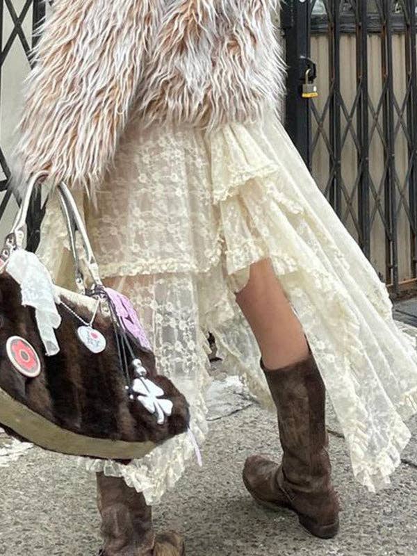 WHITE Sheer Lace Asymmetrical Midi Skirt for wholesale on Faire9