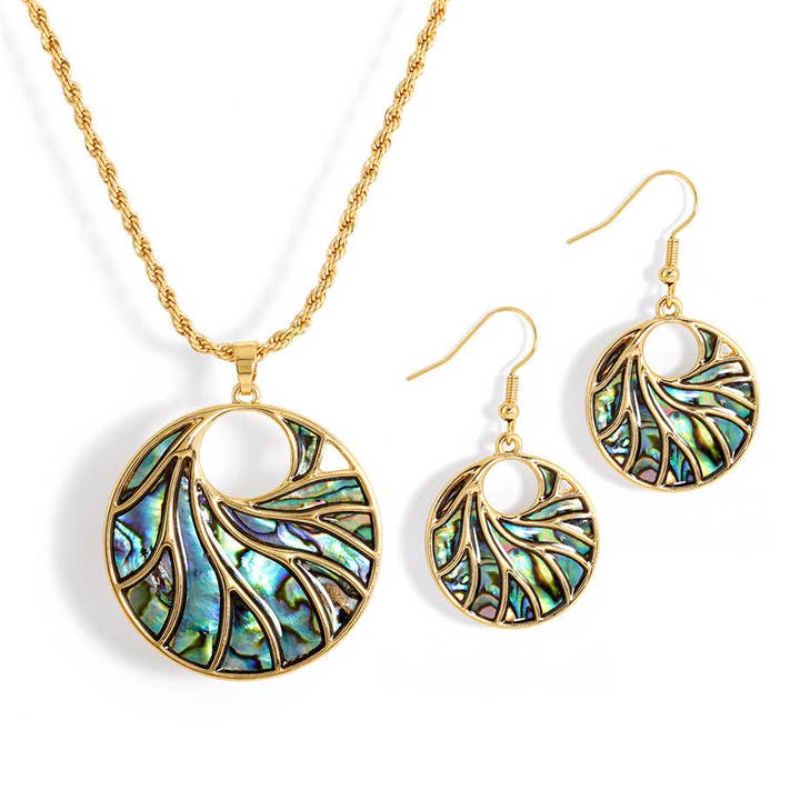 Set Of Circle With Abalone Waves Earrings And Necklace for wholesale by S&T Collections