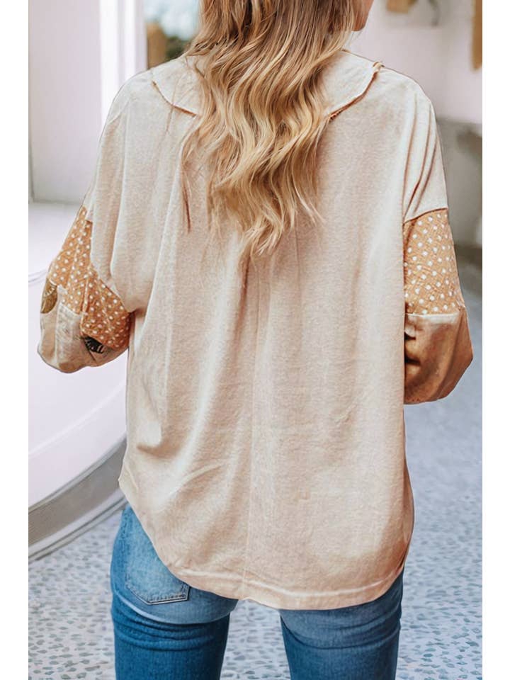 Jet Stream LDC Polka Dot Puff Sleeve Patchwork V Neck Loose Blouse for wholesale on Faire