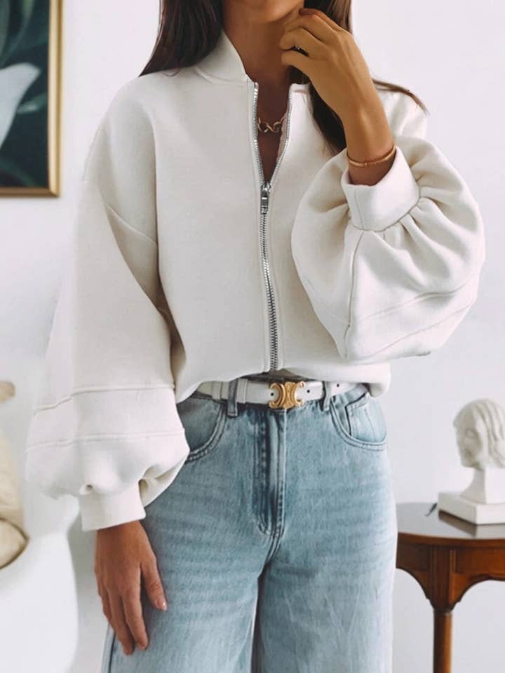 Weiss Weiße Strickjacke mit Reißverschluss und Puffärmeln in Uni-Farbe für den Großhandel auf Faire1