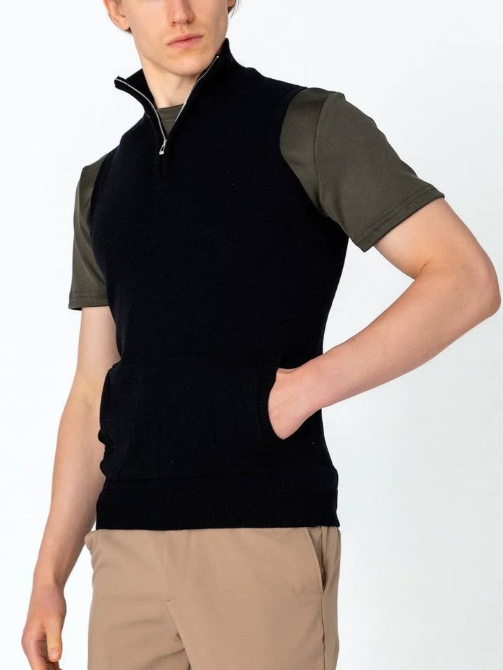 Men's Zippered Collar Sweater Vest - Black for wholesale by Ron Tomson