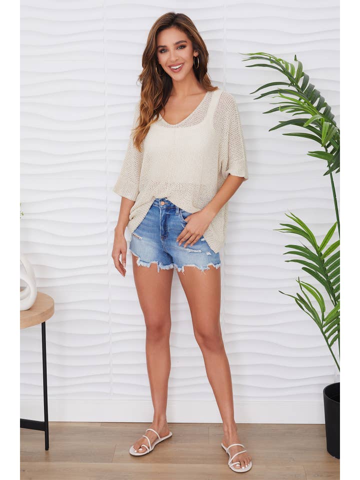 MILIO MILANO - Wholesale Knit Top - Women's - OPEN KNIT DOLMAN SLEEVE TOP WITH FRONT SEAM(FT8003-BEI)