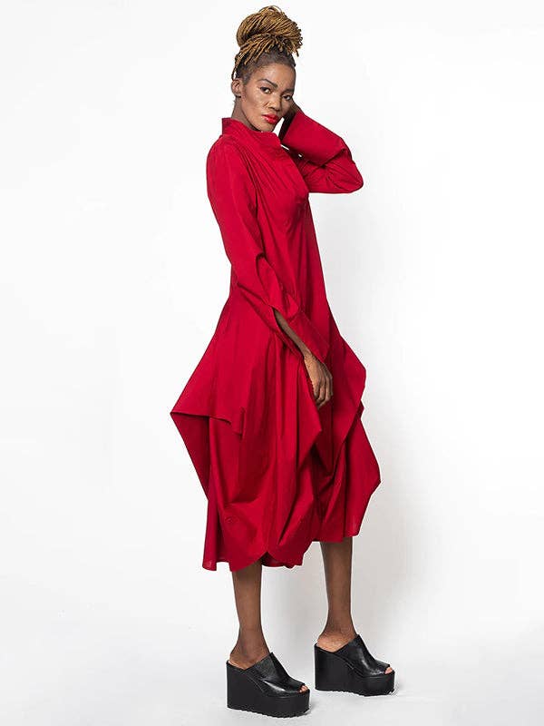 Red Stylish Loose Stand-Collar Long Sleeves Midi Dress for wholesale on Faire3