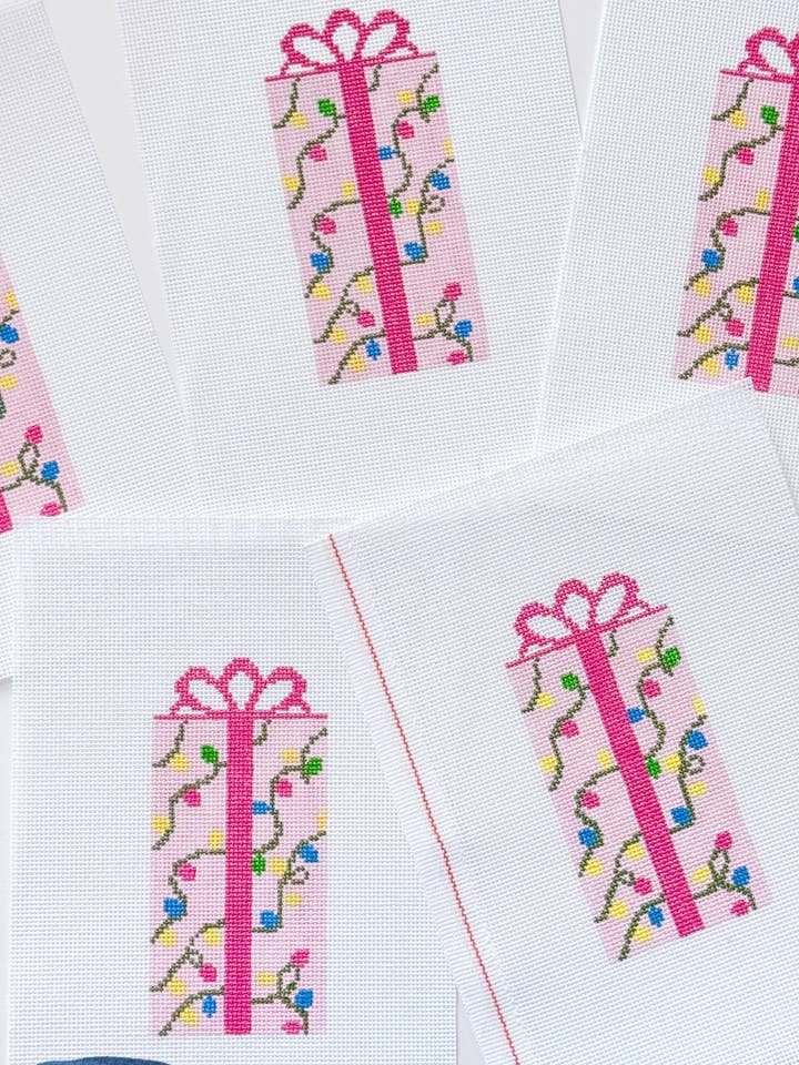 Pink Present Christmas Needlepoint Canvas 18 Mesh 2.5”x5” Design, Bow Christmas Needlepoint Ornament, Modern Needlepoint for wholesale by Cotswold Co Designs