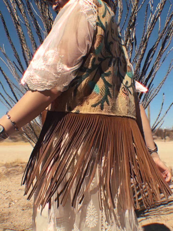 Wylder Trading Company - Wholesale Outerwear Vest - Women's - Boho Western Fringe Cowgirl Hippie Vest Leather Kantha18