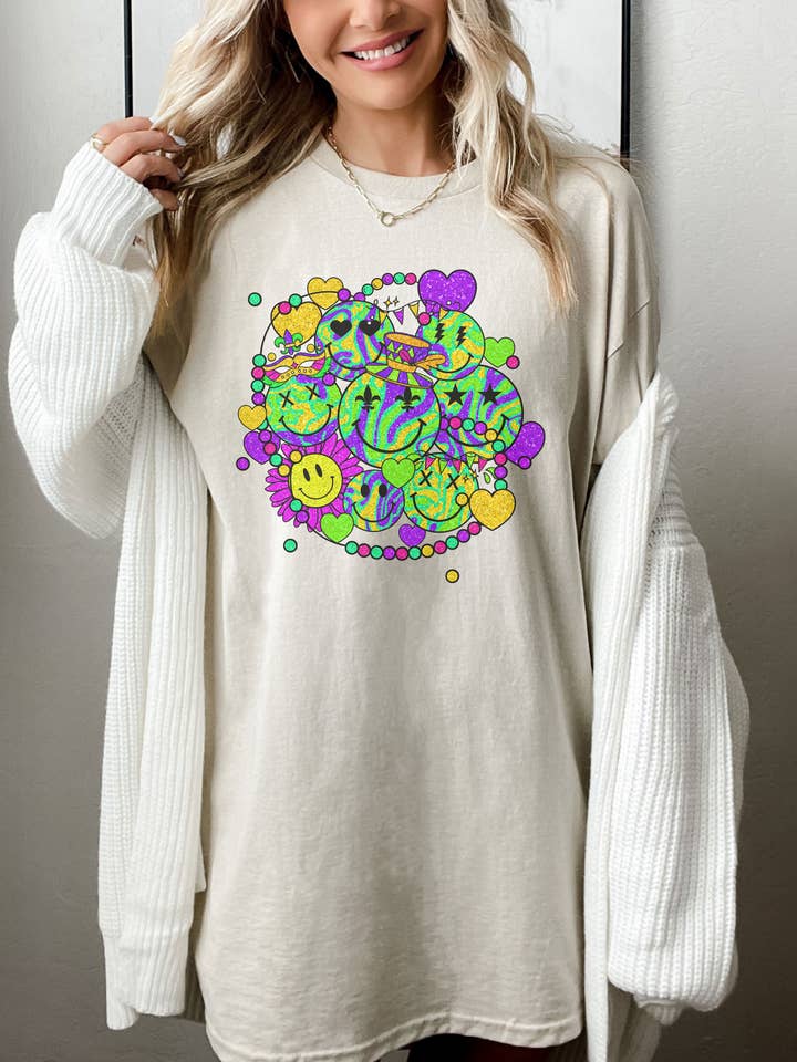 Mardi Gras Smiles Faux Sequin Shirt, New Orleans Louisiana for wholesale by SONDO DESIGN LTD