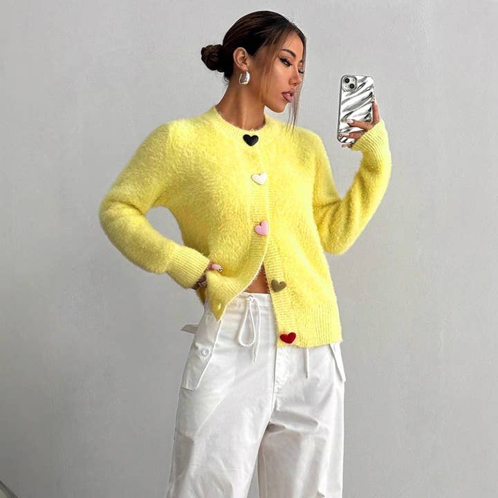 Yellow Women's Solid Color Knit Cardigan with Heart Buttons for wholesale on Faire1
