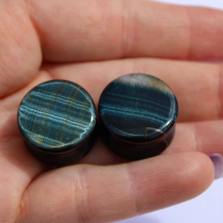 Blue Tiger Eye Plugs – Polished Falcon’s Eye Stone Gauges (Pair) 3mm-32m for wholesale by EC Plugs and Gems