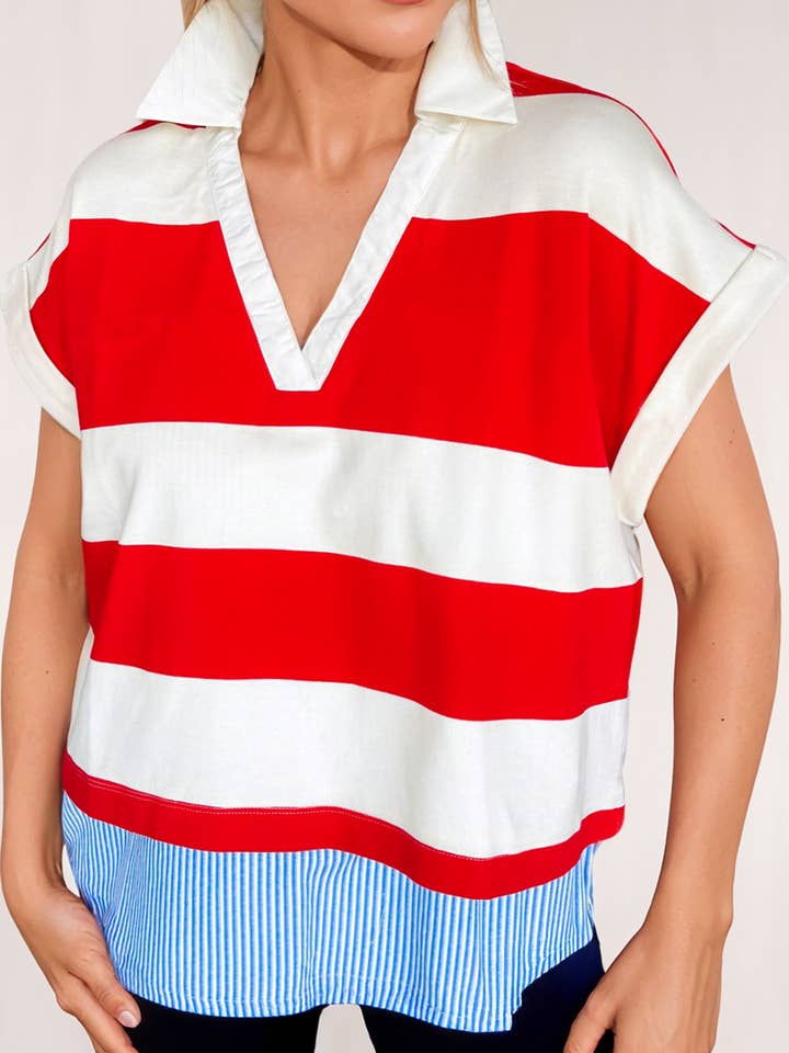 Stripe Collar V Neck Cuffed Dolman Short Sleeve Top for wholesale by LA Society