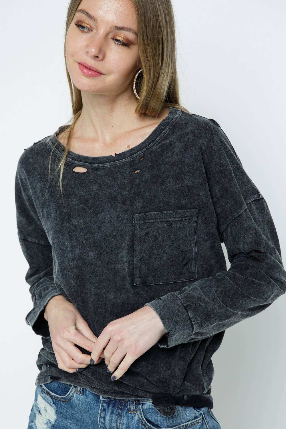 CHARCOAL 12567T - MINERAL WASHED DISTRESSED KNIT TOP for wholesale on Faire5