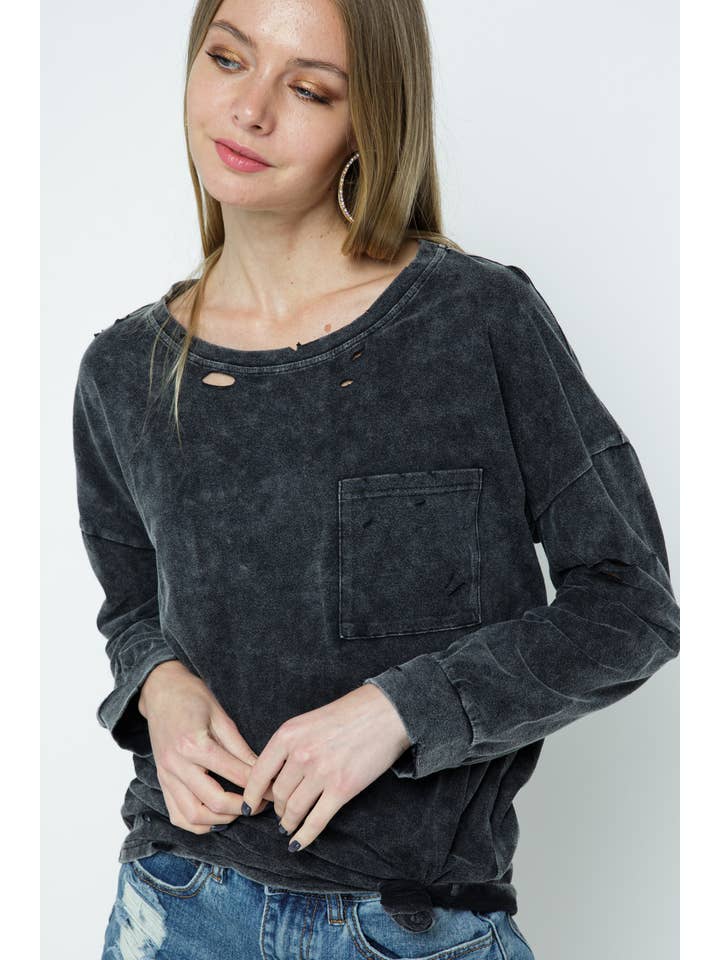 CHARCOAL 12567T - MINERAL WASHED DISTRESSED KNIT TOP for wholesale on Faire5
