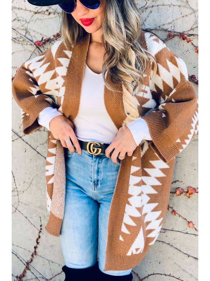 Caramel Open Front Aztec Printed Knitted Cardigan for wholesale on Faire