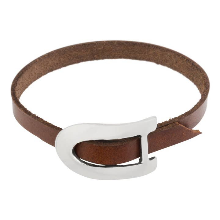 Brown and silver leather bracelet with central buckle for wholesale by Gloria Mago