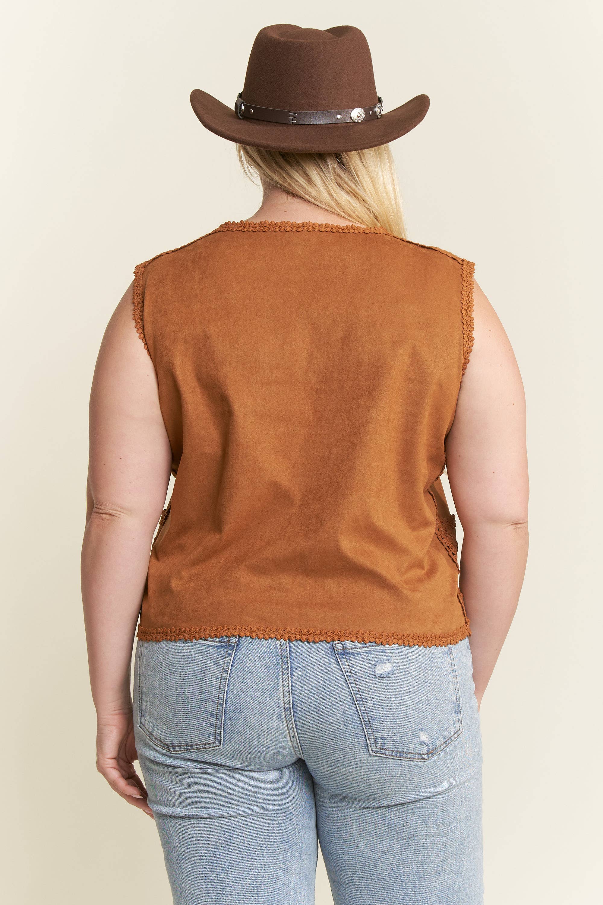 JADE BY JANE PLUS - Wholesale Outerwear Vest - Women's - PLUS SIZE SUEDE VEST WITH LACE TRIM11